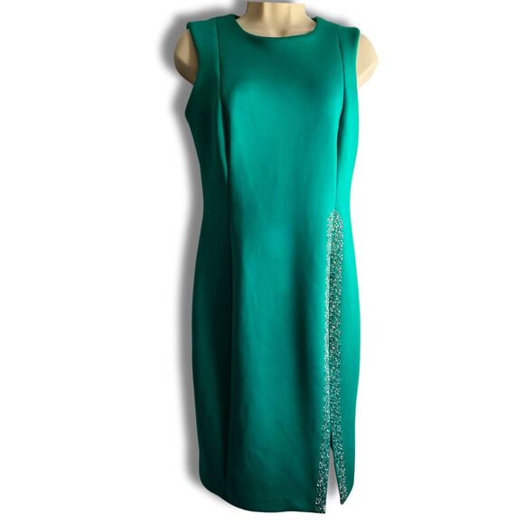 Calvin Klein Green Sheath Dress 6 Rhinestone Slit - Picture 1 of 7